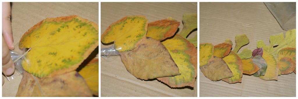 3 images of how to make dried leaves craft.