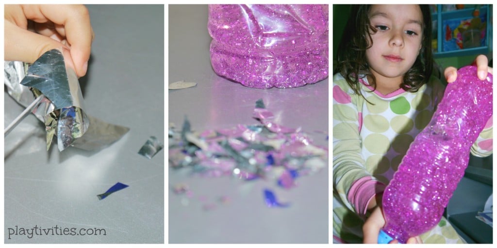 3 images of addding wrapping papaer into a glitter bottle.