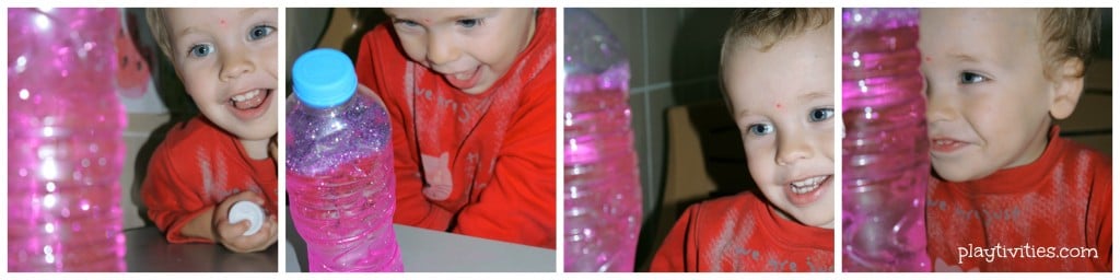 4 images of a young boy palying with a glitter bottle.