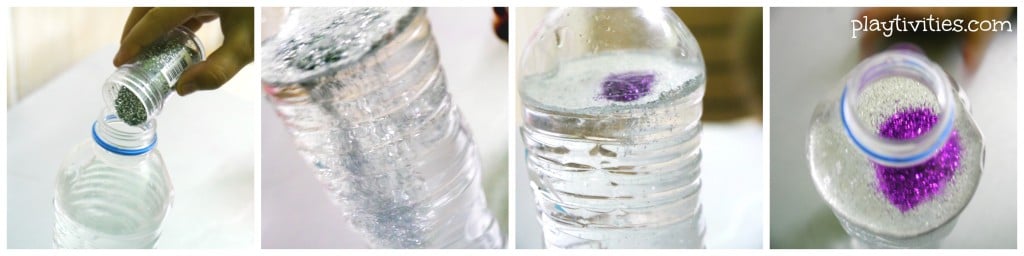 4 images of putting glitter in a water bottle.