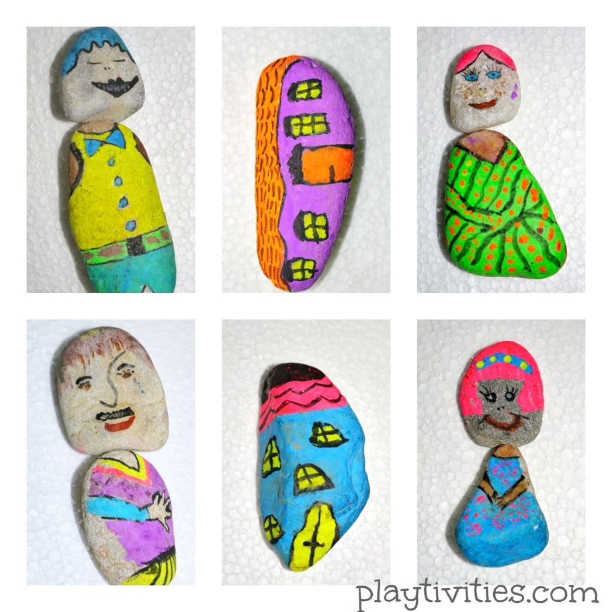 6 images of painted rocks.
