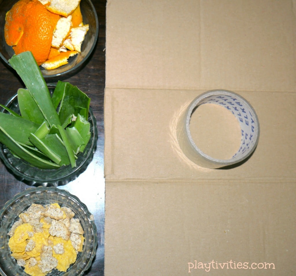 Piece of carboard, tape, and bowls of vegetable and fruit peels.