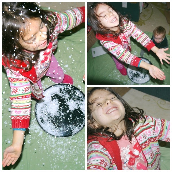 3 images od kids playing with a fake snow,