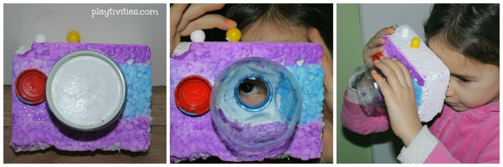 3 images of styrofoam toy camera.