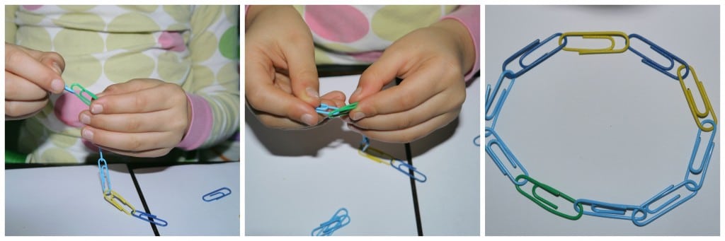 3 images of kid making a paper clip craft 