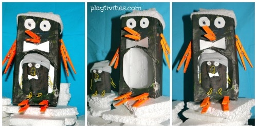 3 images of penguin crafts.
