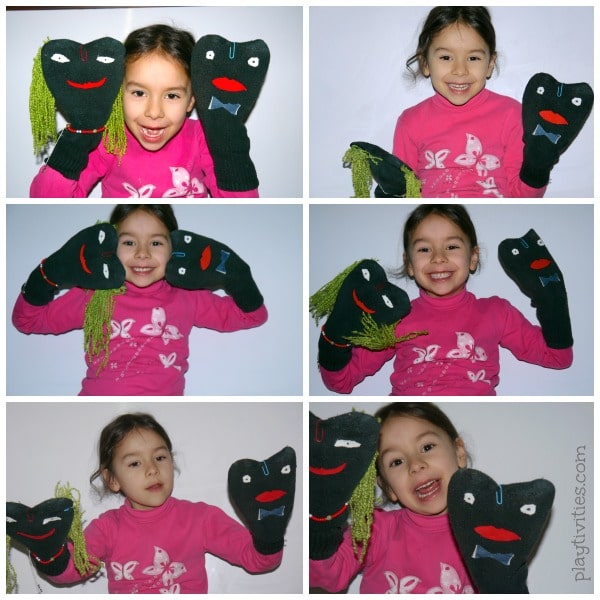 6 images of girl playing with sock puppets.