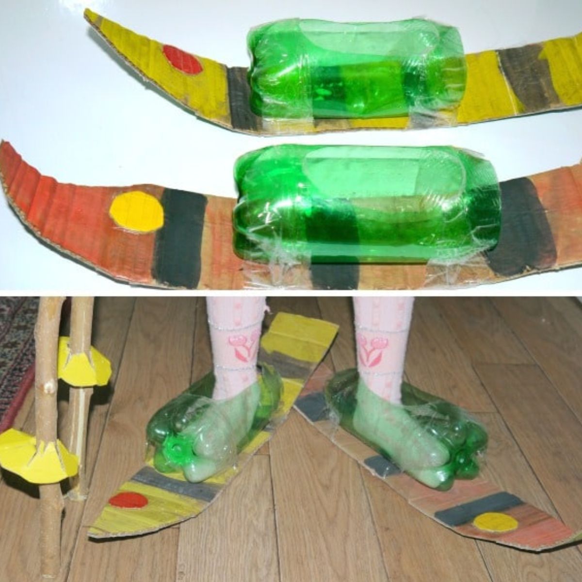 5 images of homemade skis from cardboard, plastic and wooden sticks.