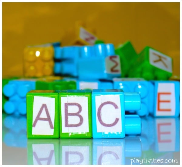 Spelling Activity with Lego Blocks on a table.