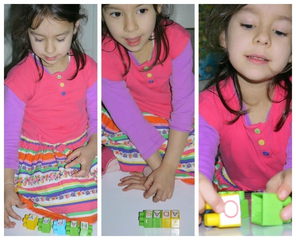 3 images of girl playing with Spelling lego blocks.