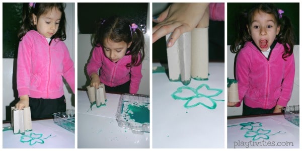 4 images of girl playing with DIY St Patricks Day Clover stamp 