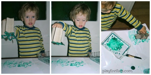3 images of boy playing with DIY St Patricks Day Clover stamp 