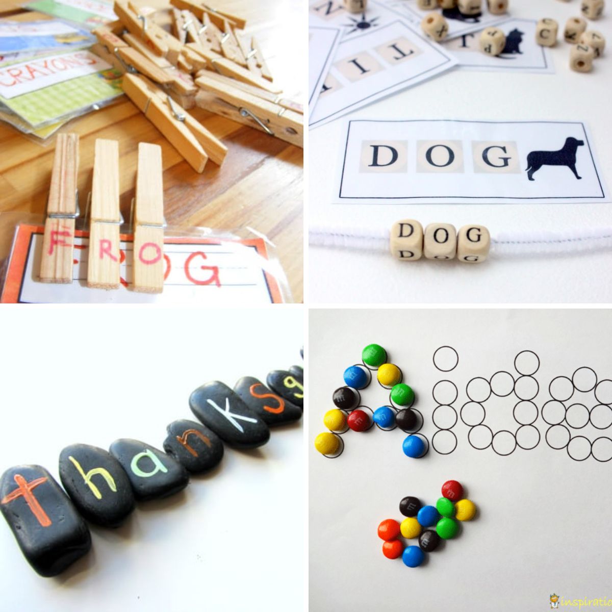 4 images of spelling activities for kids.