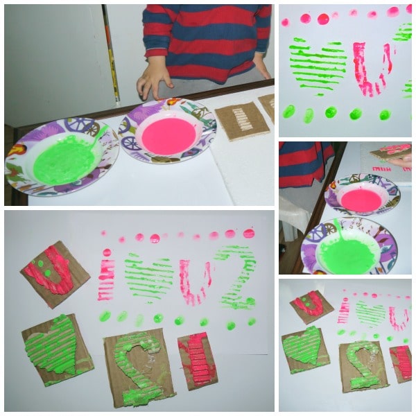 5 images of valentine cardboard stamps for kids and using them.