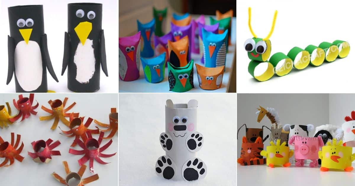 6 images of toilet paper roll crafts.