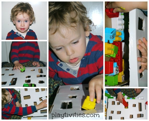 6 images of toddler playing with motor activity box.