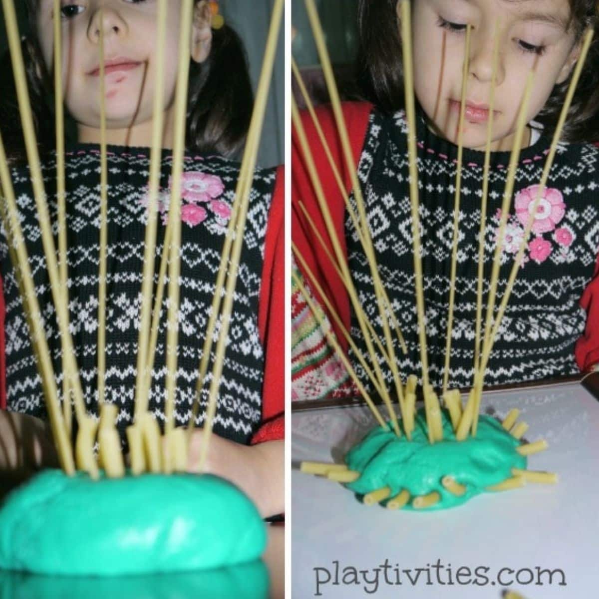 2 images of girl making paydough pasta creations.
