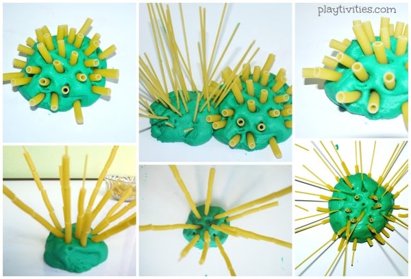 6 images of playdough pasta creations.
