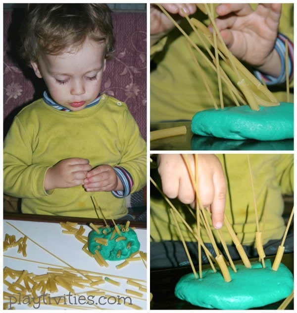 3 images of boy playing with a playdogh and a pasta.a