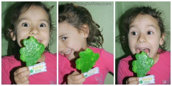 3 images of girl eating saintpatrick's treat.