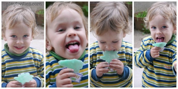 4 images of boy eating a saintpatrick's treat.
