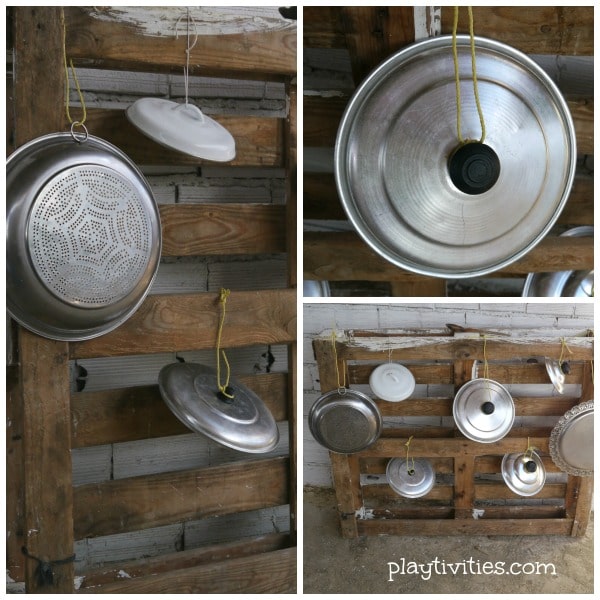 3 images of Homemade Drums from Pot Lids on wooden palets.