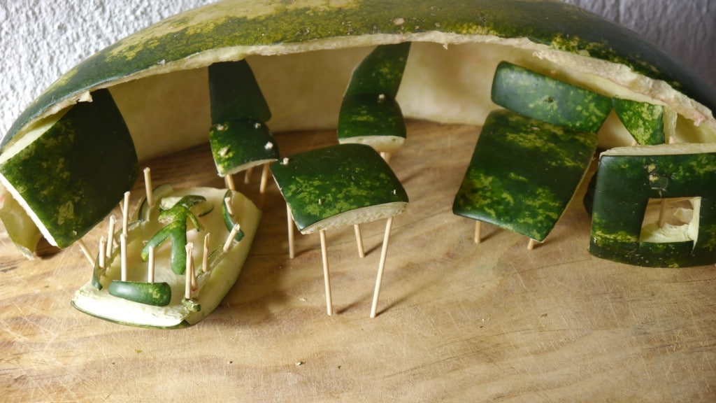 Watermelon Craft from watermelon peels and tooth picks on a table.
