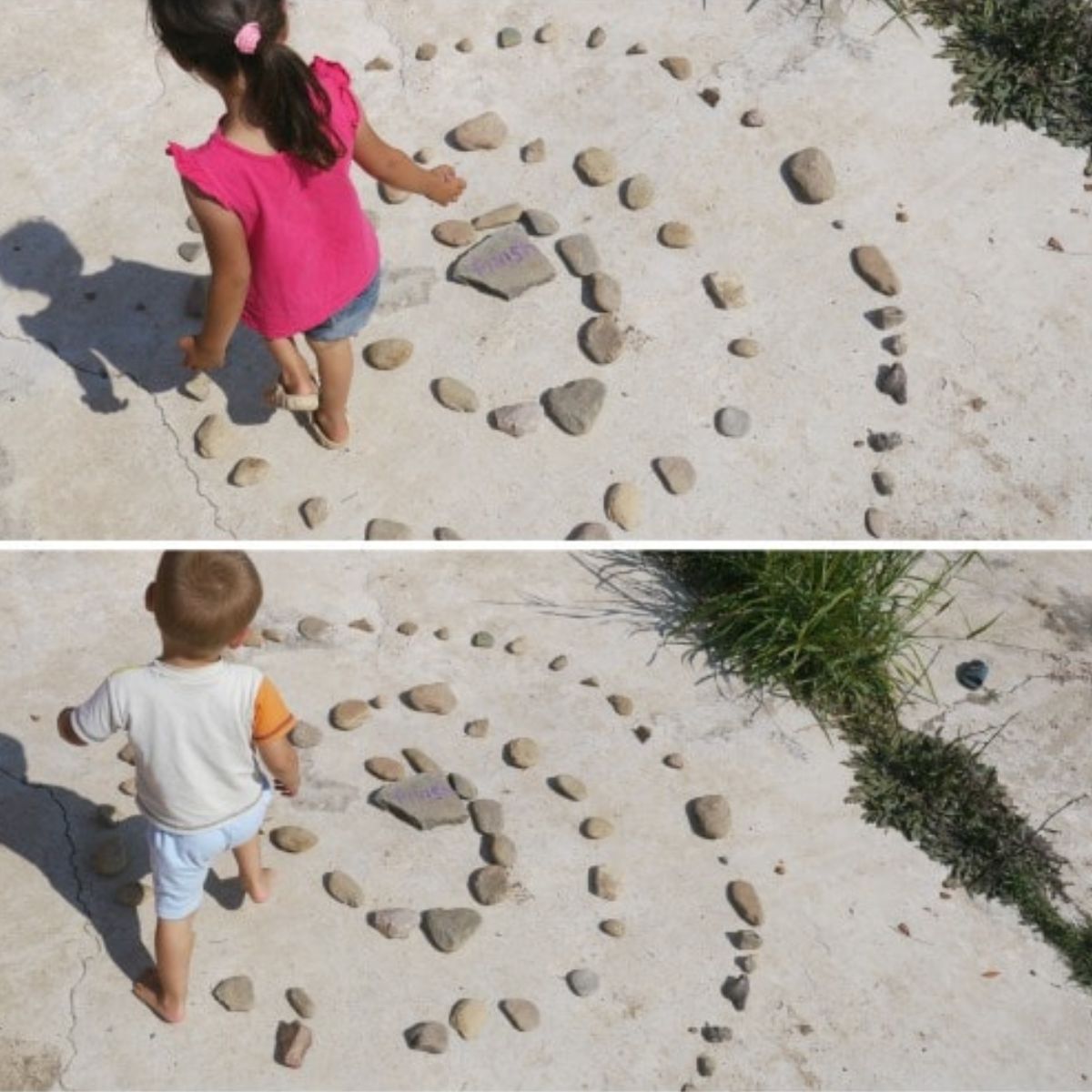 2 images of kids playing with rocks.