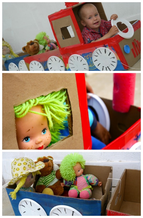 3 images of cardboard train craft for kids.