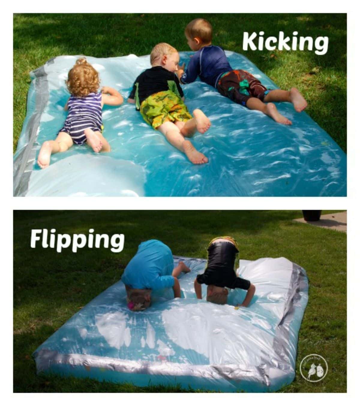 2 images of kids playing on water blobs.