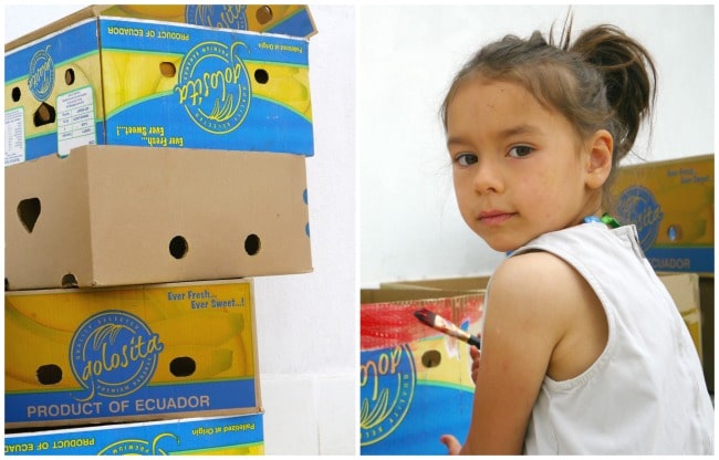 2 images of kid painting cardboard boxes