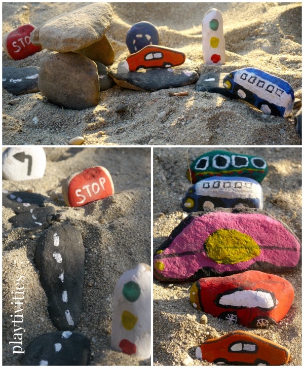 3 images of DIY Car Rock track on a sand.