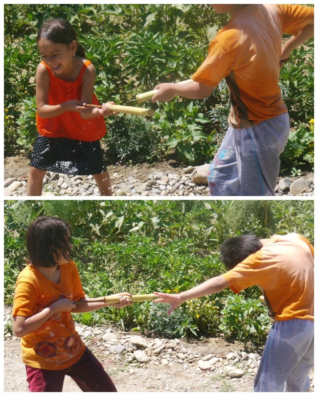 Two images of kids playing with a water shooter.