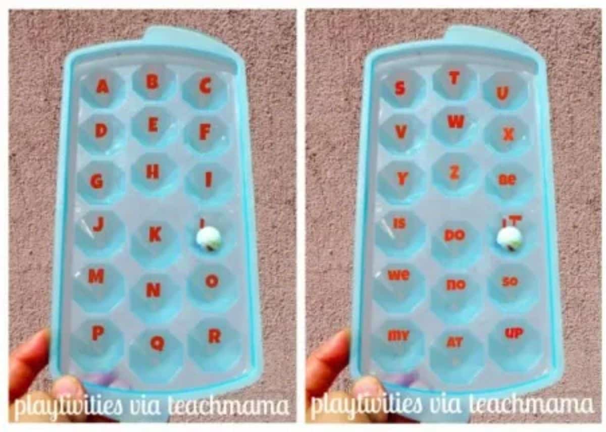Two images of ice cube tray as a game.