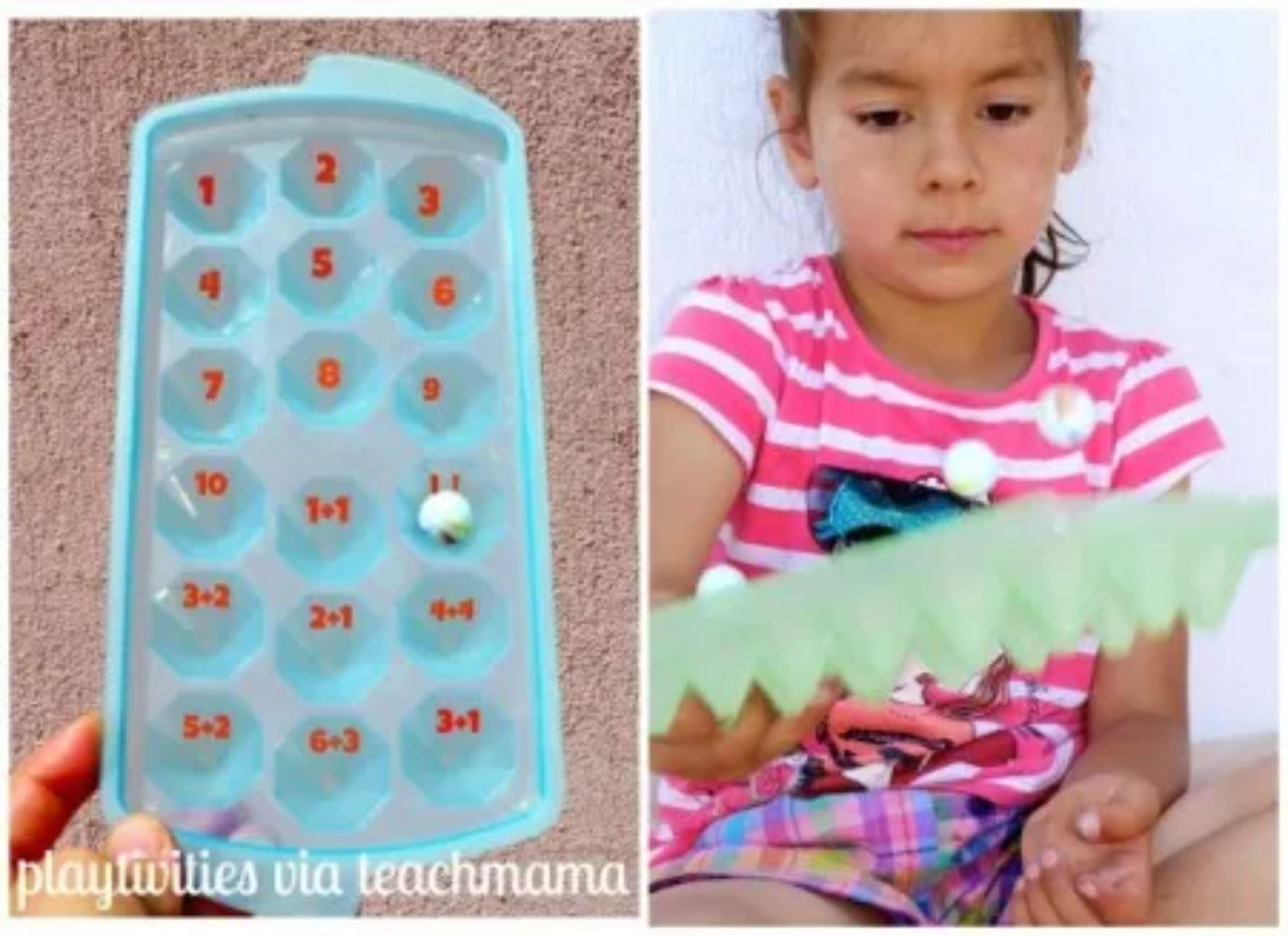 Two images of ice cube tray as learning toy.