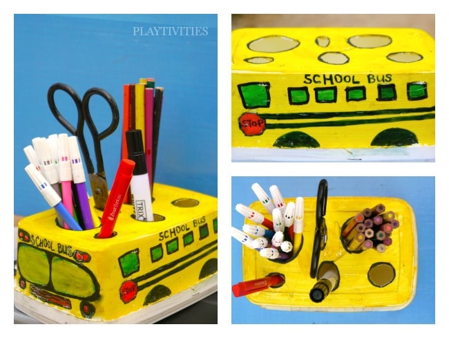 3 images of DIY Pencil Holder That Looks Like School Bus