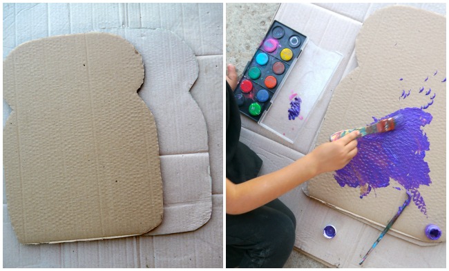2 images of making peanut butter and jelly cardboard costume.
