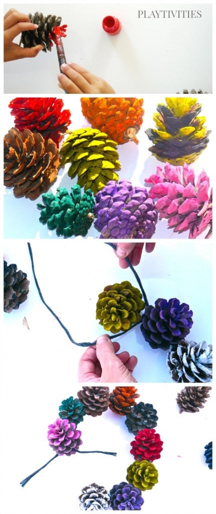 4 images of how to make pinecone wreath.