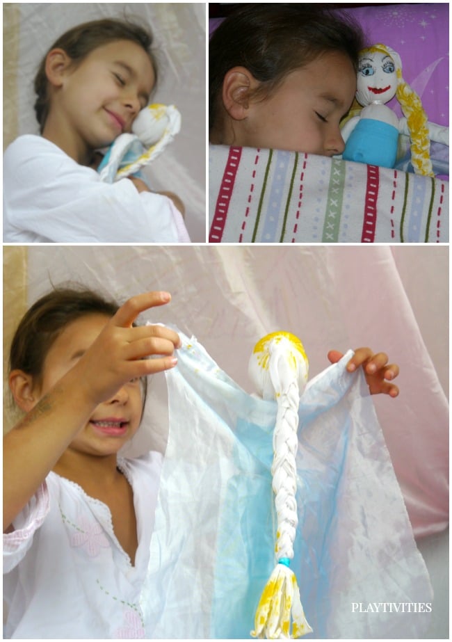 3 images of young girl playing and sleeping iwth elza sock doll.