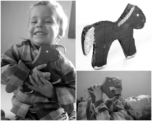 3 images of boy playing with cardboard pony