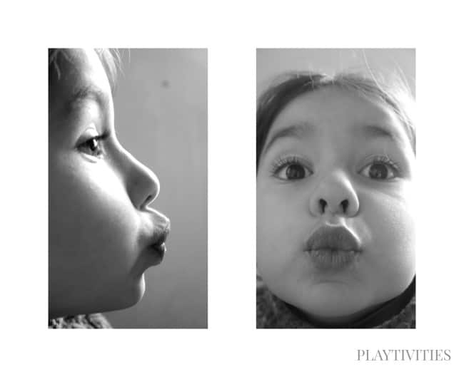 Two images of young girl pulling out lips.