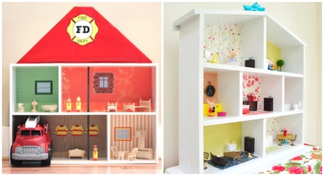 2 images of wooden dollhouses.