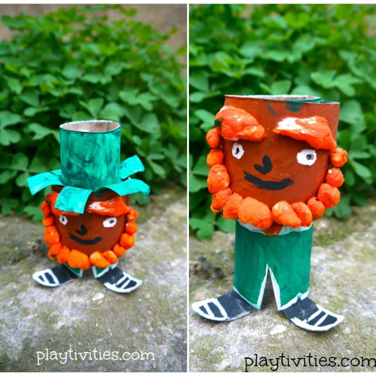 Two images of saint patrick paper roll crafts.