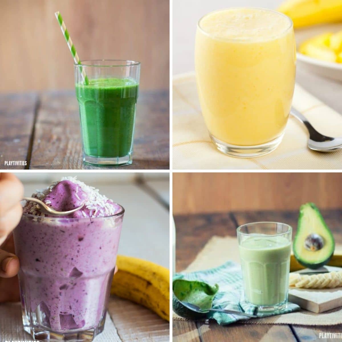 4 images of smoothies for kids.