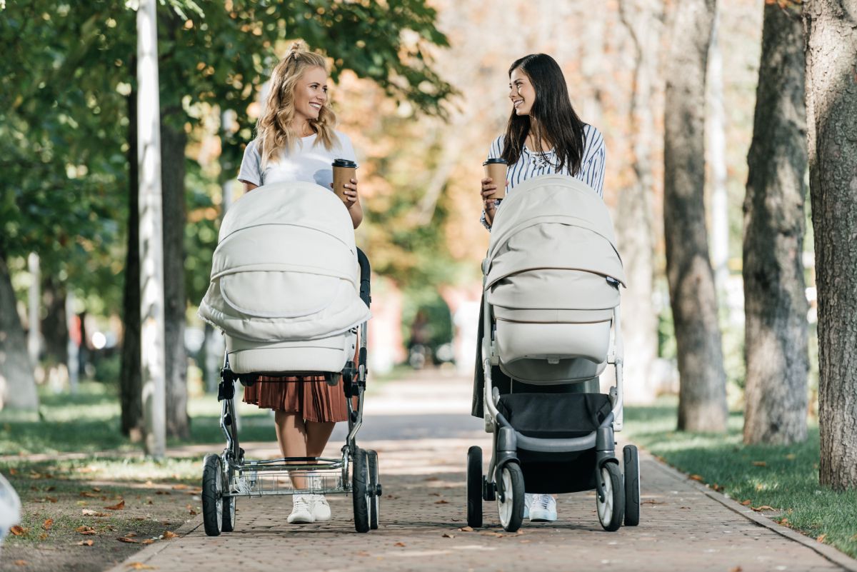 Two young moms pushing baby strollers and talking to each other in a park.