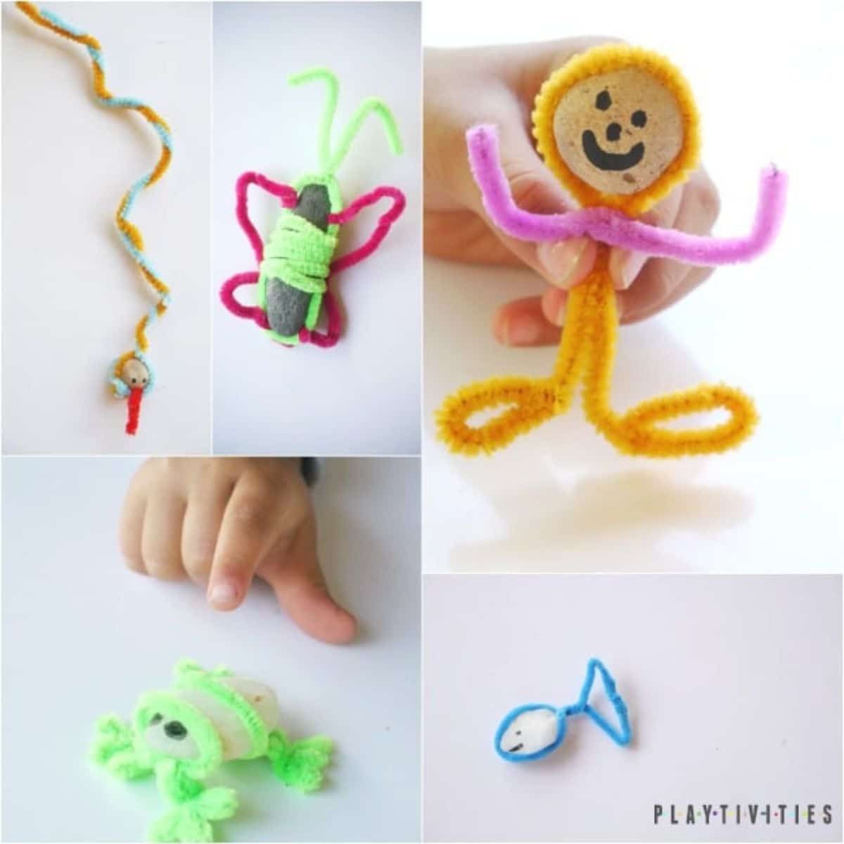 5 images of pipe cleaner animals made with rocks.