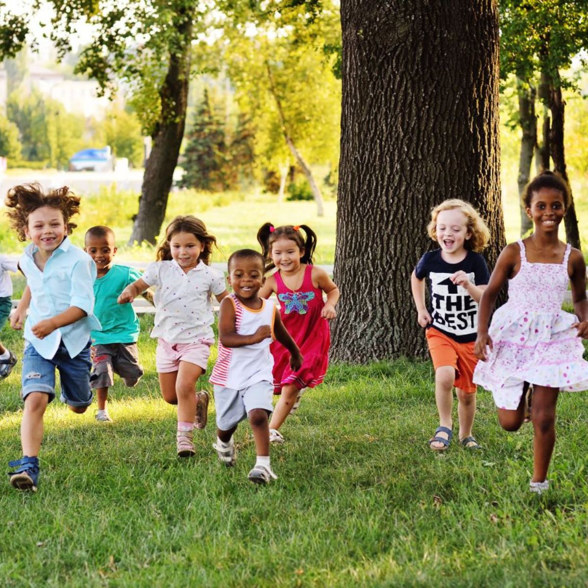 BUnch of kids running in woods.