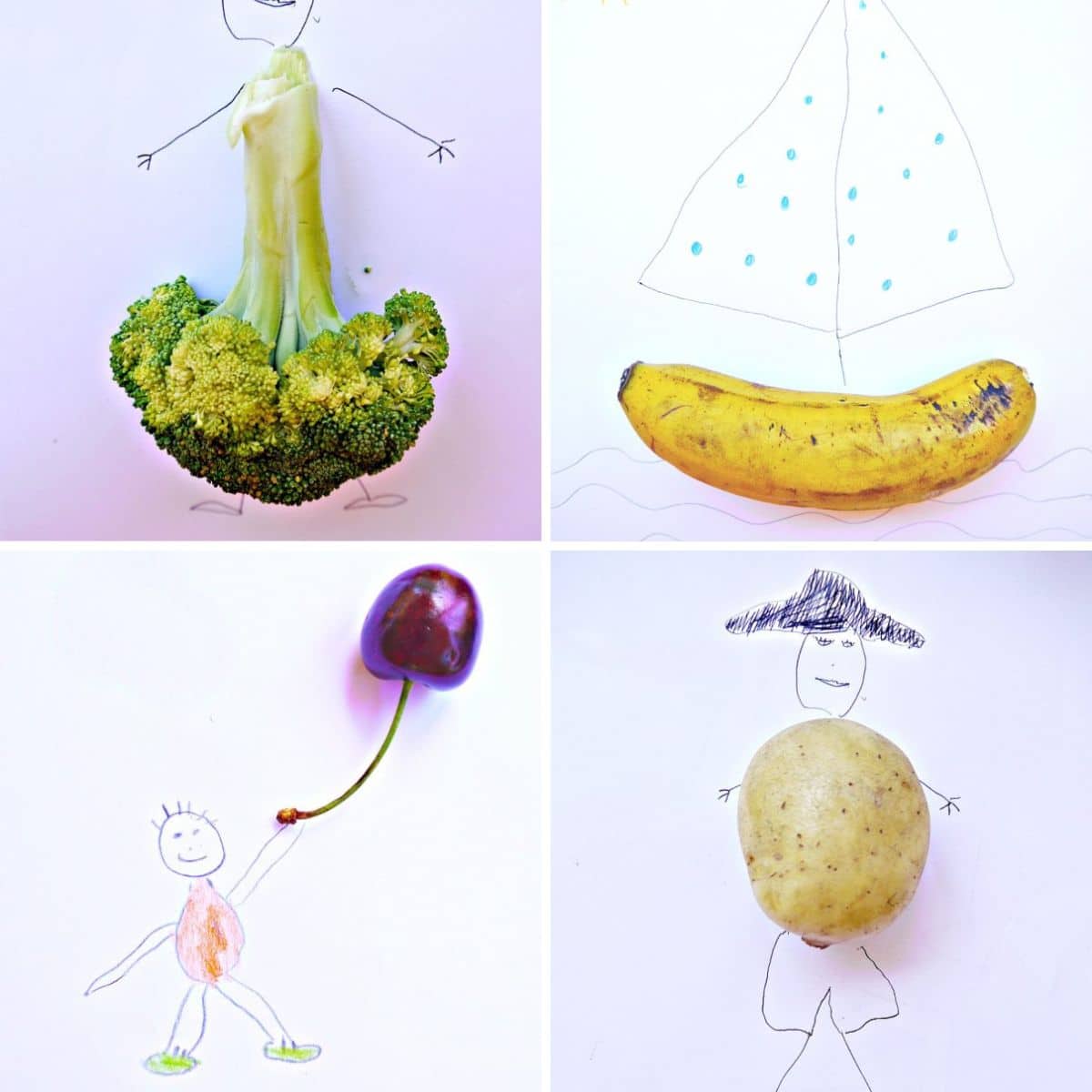 4 images of vegetable drawings.