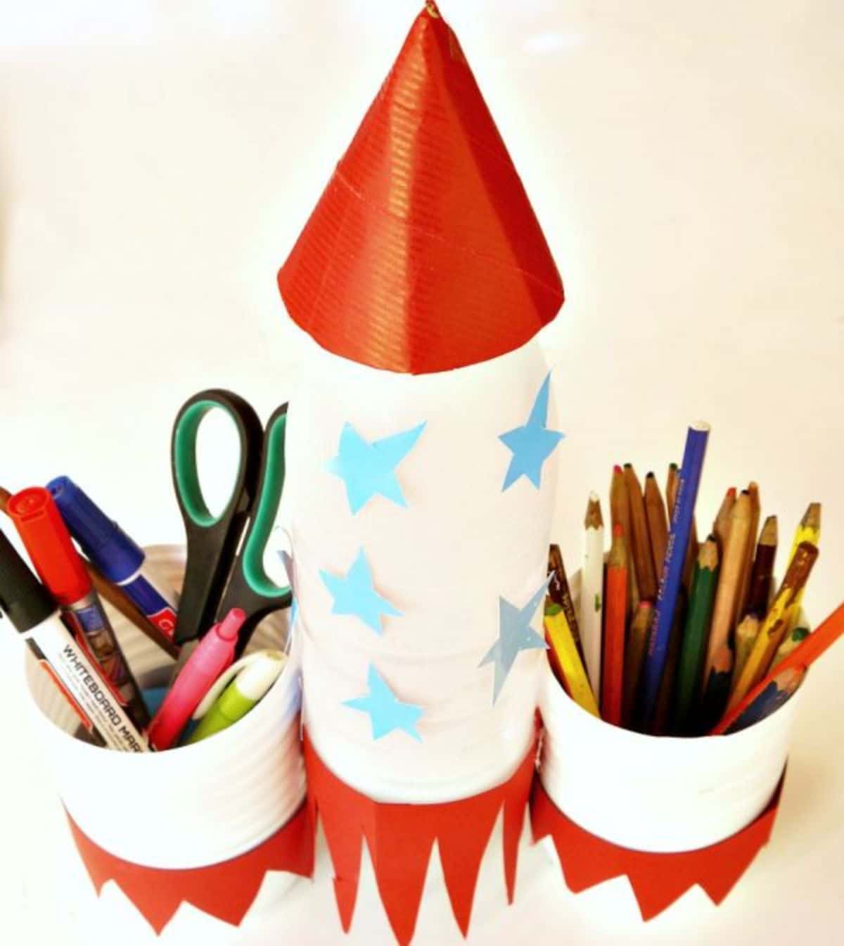 Rocket pencil holder from recycled materials.