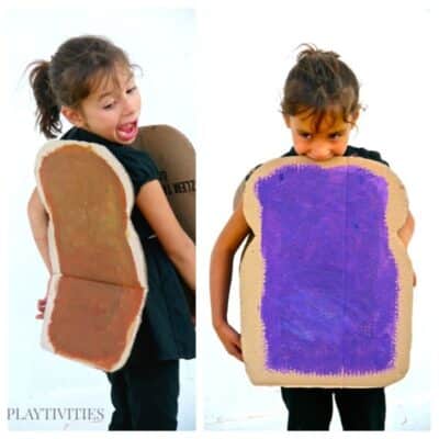 2 images of peanut butter and jelly costume.